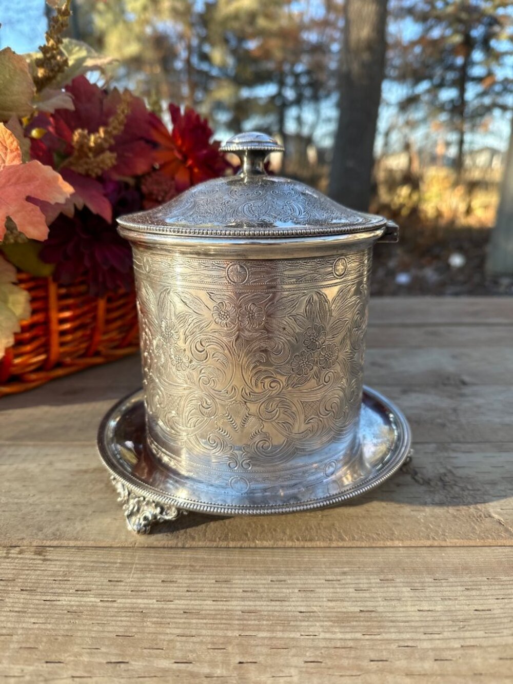 Antique English Silver Plate Biscuit Barrel by Birks Rideau Plate Footed, C.1900